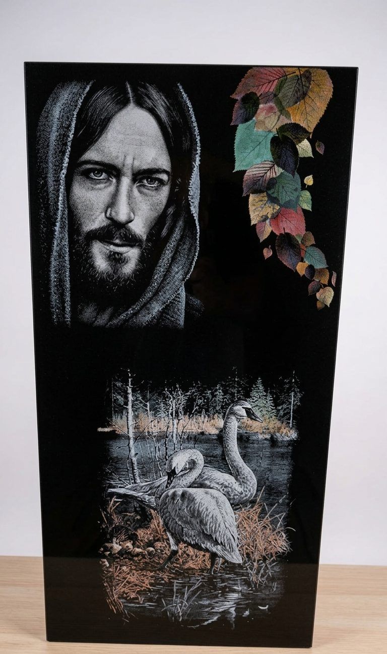 Christus-Porträt mit Motiv auf einem Grabstein